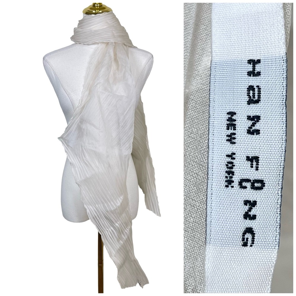 Han Feng Pleated Scarf Women White Accordion Crinkle Sheer Avant Garde Designer